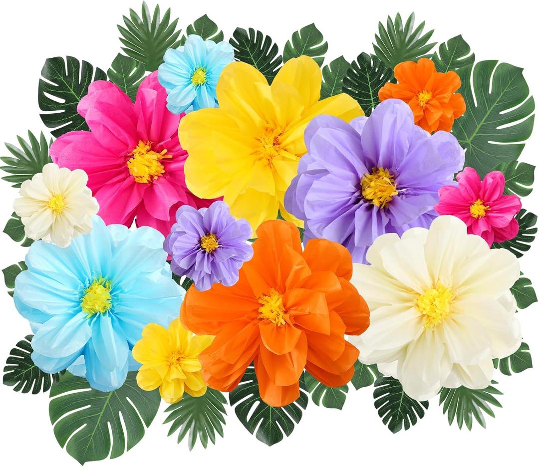 Watersay 42 Pcs Tissue Paper Flowers Faux Palm Leaves Set 12 Pcs 20''/10'' Colorful Giant Paper Flowers and 30 Pcs Tropical Leaves for Summer Hawaiian Luau Mexican Fiesta Birthday (Bright Colors)