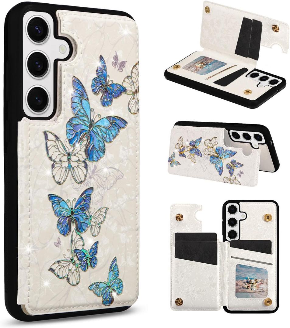 UEEBAI Wallet Case for Samsung Galaxy S25 5G with Card Holders, PU Leather Cover Kickstand RFID Blocking Double Magnetic Clasp Rilievo Flower Shockproof Flip Case for Women Girls - Blue Butterfly