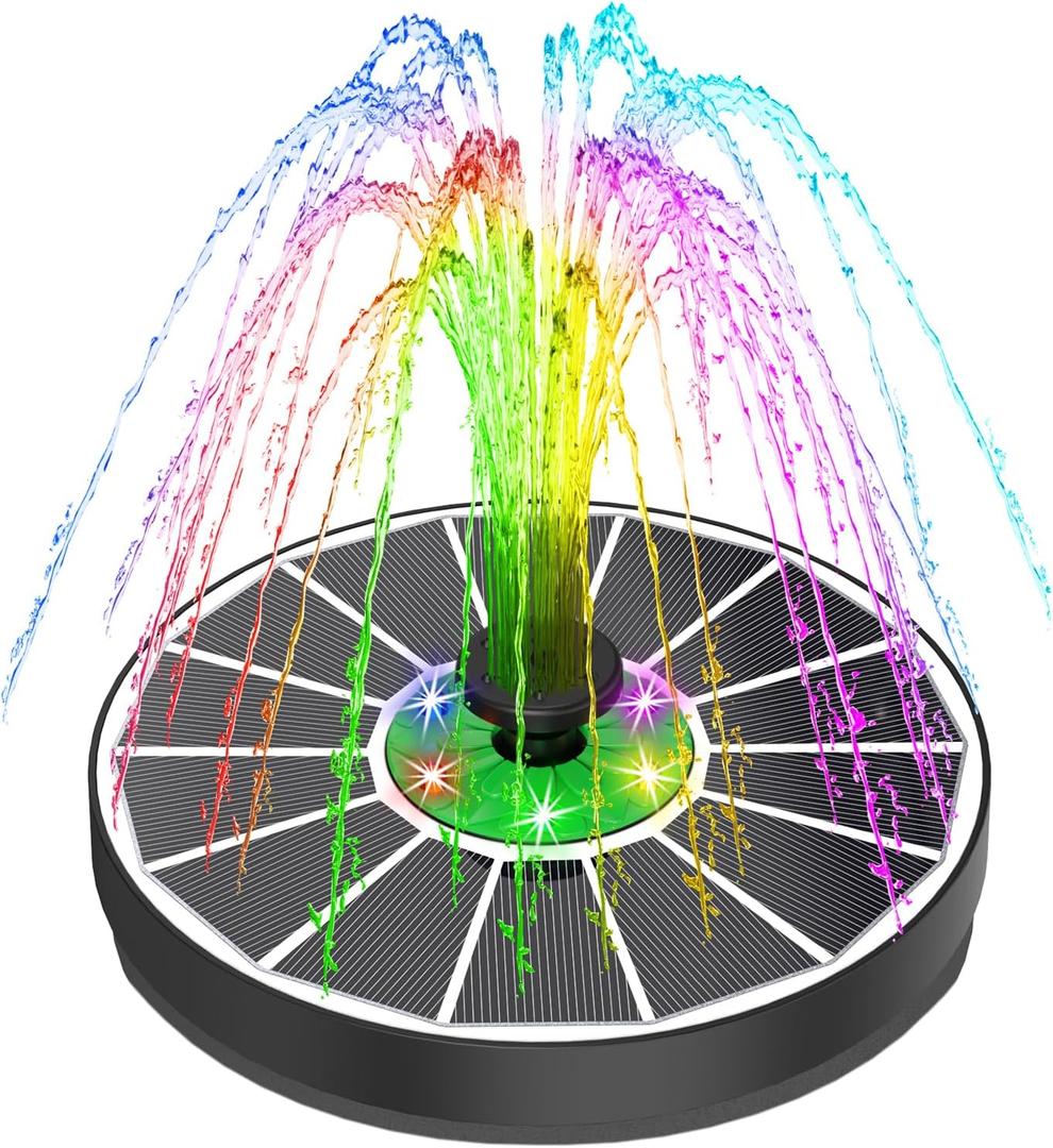 Yzert Solar Water Fountain with 2200 mAh Battery, 3.5W Glass Solar Fountain Pump Colorful LED Lights, Floating Solar Bird Bath Fountains with 4 Fixers & 7 Nozzles for Garden, Outdoor, Pond, Pool