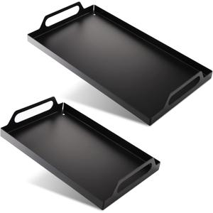 Peohud 2 Pack Black Metal Serving Tray, Decorative Coffee Table Tray with Handles, Vanity Platter Breakfast Tray for Eating, Storing, Bedroom, Kitchen, Living Room, Bathroom
