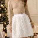 WDIRARA Girl's Faux Fur 2 Piece Sets Pearls Long Sleeve T Shirts Fringe Skirts Cute Outfits (Beige)