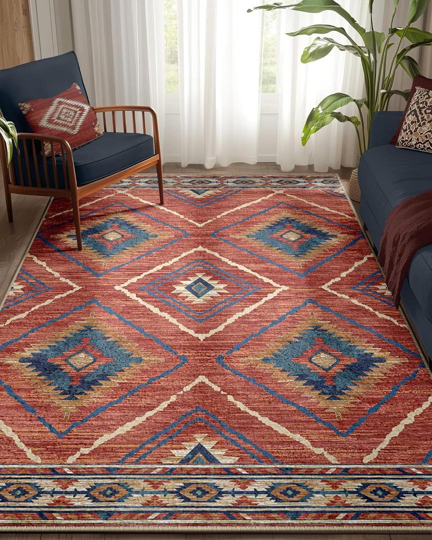 Area Rug 5x7 Rug Machine Washable Non-Slip Low Pile Print Pattern Western Rug for Living Room Bedroom Entryway-Red/Orange (5' x 7' (Rectangular))