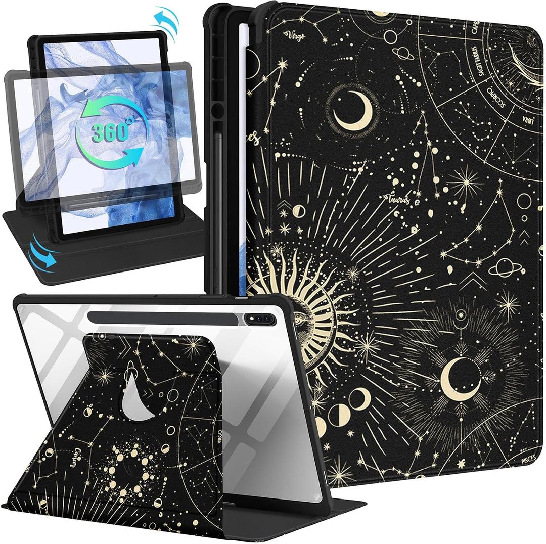 Wazzasoft for Samsung Galaxy Tab S7 Fe/S7 Plus/S8 Plus Case 12.4 Inch Folio Cover Pencil Holder Women Girls Cute Girly Sun Moon Unique Design Rotating Tablet S8 Plus 2022/S7 Plus 2021/S7 FE 5G Cases