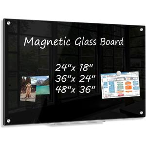 Black Dry Erase Board, 24" x 18" Magnetic Large Black Glass Board Frameless Wall Mounted Glass Whiteboard for Office, School & Home with 1 Acrylic Marker Tray & 3 Strong Magnets