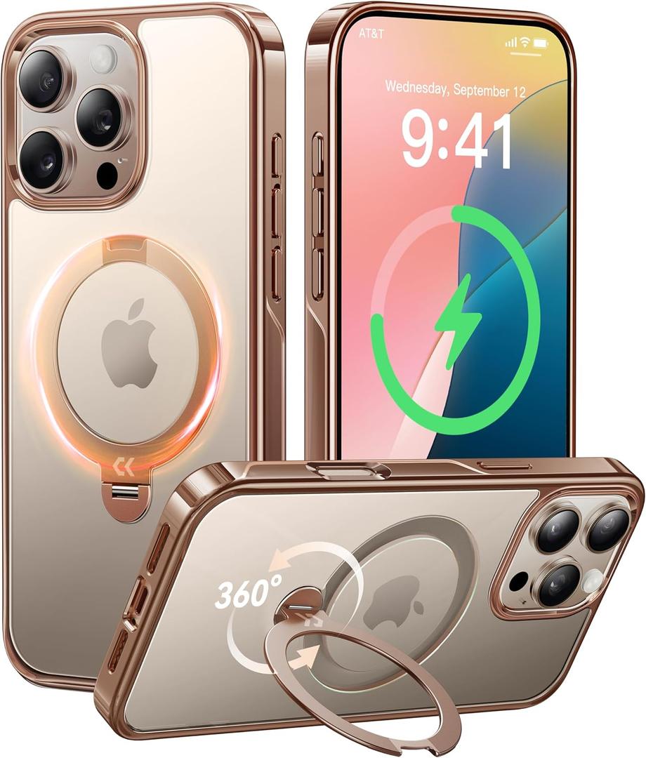 CASEKOO 360 Spin Magnetic Stand for iPhone 16 Pro Max Case Desert Titanium [Compatible with Magsafe][16FT Military Protection] Slim Hand-Polished Frame Titanium Alloy Sturdy Stand 6.9", Rose Gold