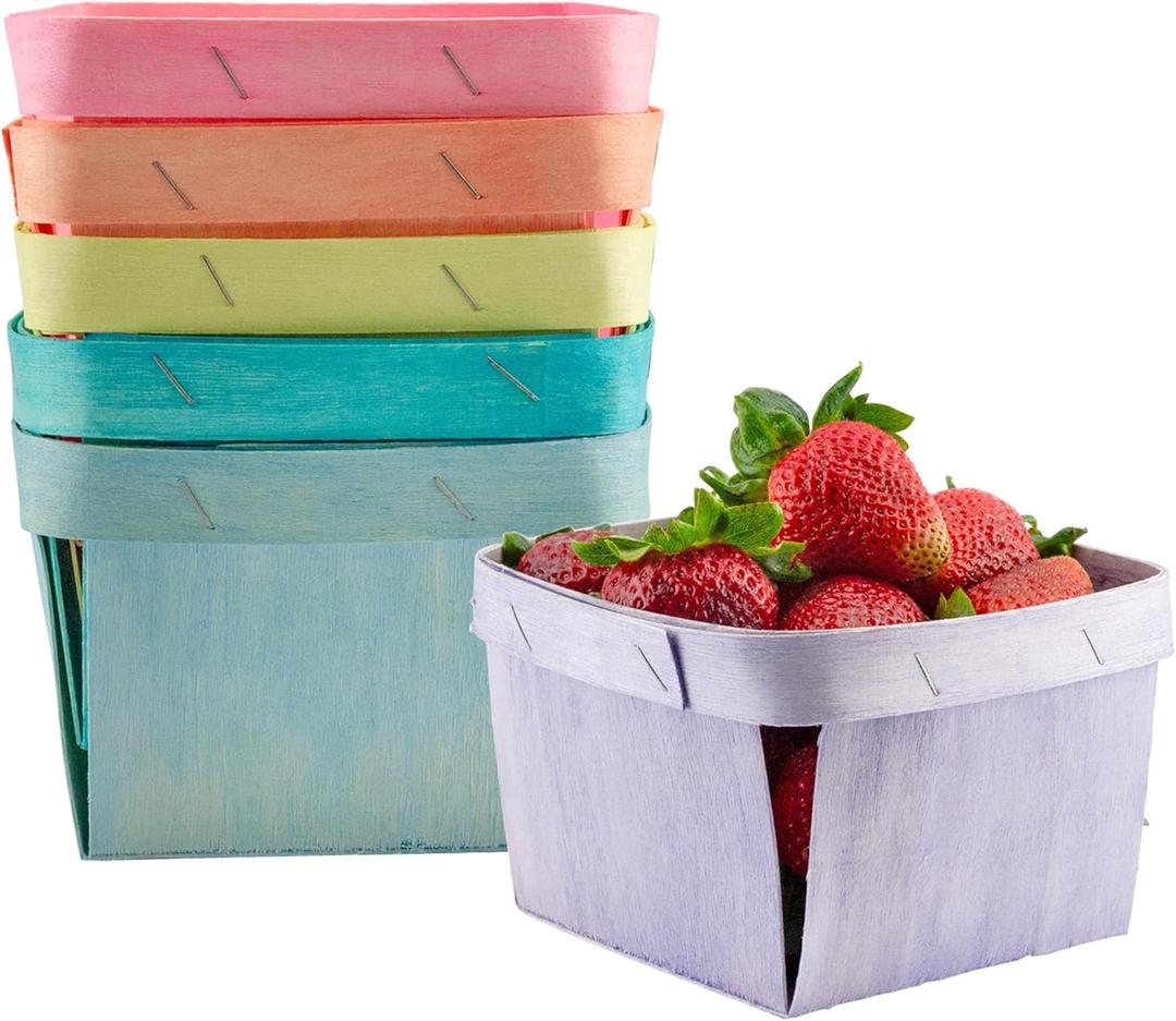 Cornucopia Brands Quart Wooden Berry Baskets (Set of 6, Pastel-Colored); Variety Pack of Fruit, Gift, Arts and Crafts, DIY Baskets