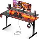 MOTPK 47 Inch Gaming Desk with LED Lights & Power Outlets, Computer Desk Gaming Table with Monitor Shelf, Gamer Desk with Carbon Fiber Texture, Kids Boys Desk Gift for Men (Black)