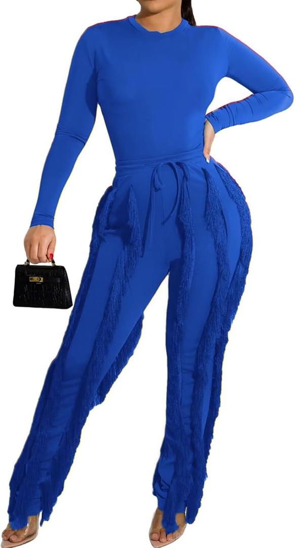 EDITCOZY Women Sexy Two Piece Outfits Fringe Pants Set Long Sleeve Club 2 Piece Going Out Birthday Party Night (Medium, Royal Blue)