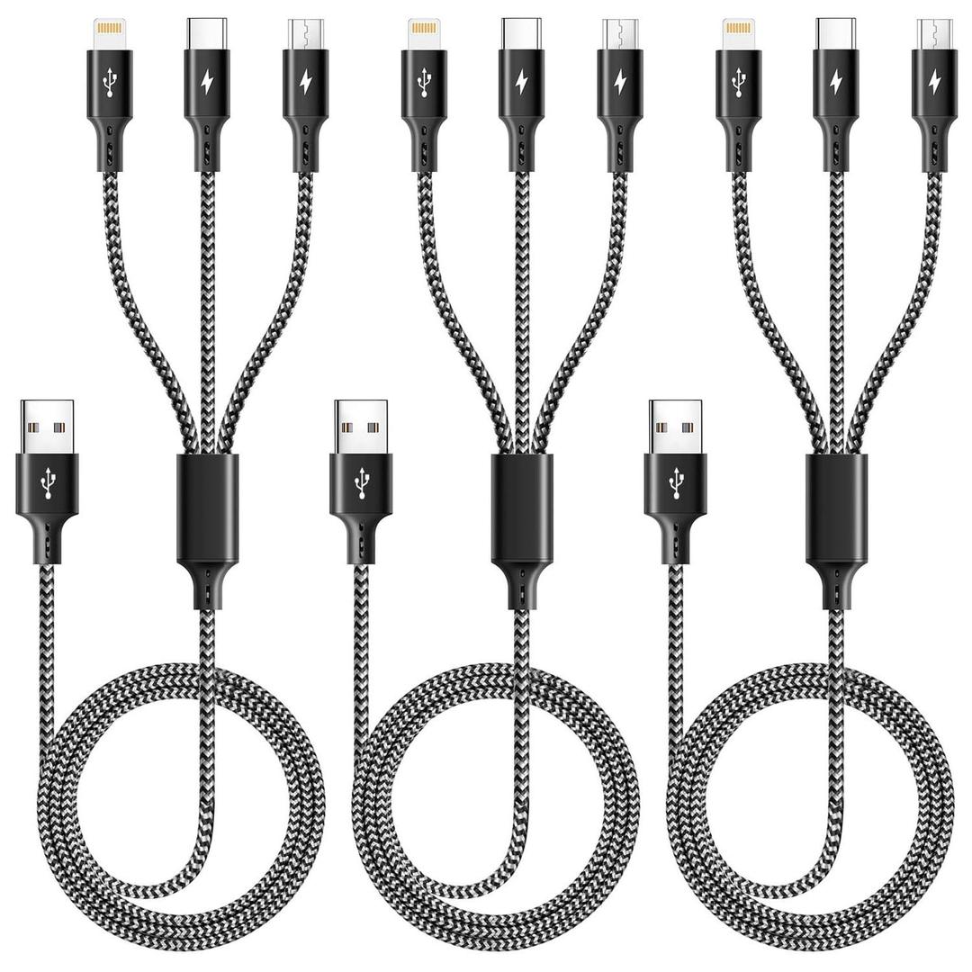 3 in 1 Multiple Charging Cable(2Pack 4Ft), Braided Multi Charger Cord Fast Charging Cable Universal USB Cable with Type C/Micro USB Port for Cell Phones, iPhone 16 15 14 13 Series (3, Black, 4Ft)