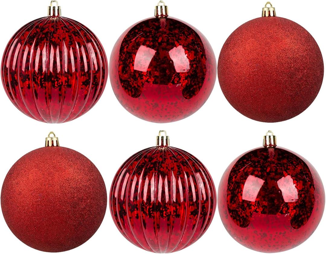 4in Large Christmas Ornaments Shatterproof Christmas Ball Ornaments Giant Xmas Tree Decoration Decorative Hanging Mercury Balls for Party,Home,Holiday (Red,6pc)
