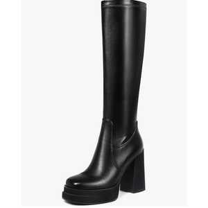 Women's Black Platform Knee High Boots Womens High Chunky Heel Square Toe Stretchy Platform Long Boots Shoes for Women(not for wide calf), Size 6
