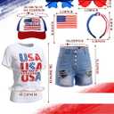 12 Pcs 4th of July Outfit Set for Women Patriotic American T-shirt Jeans Cap Headband Earrings Necklace Bracelet Stockings Sunglasses Hairband Hand Flag Beads Set for Independence Day
