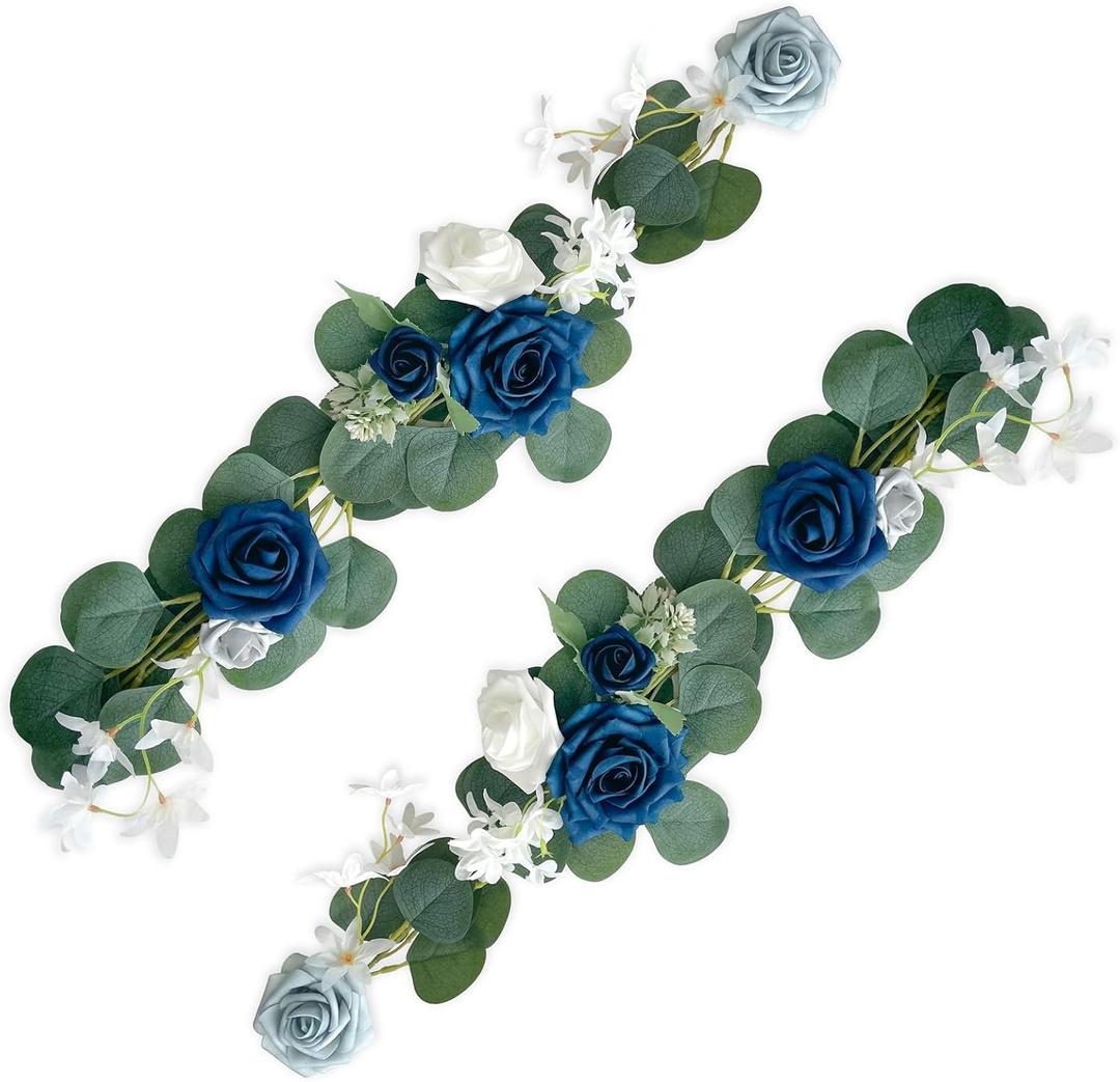 Roahosy 2PCS Artificial Rose Flower Garland Floral Arrangements, Dusty Blue Flowers Wedding Aisle Decorations Flower Swag for Wedding Arch Backdrop Chair Decor Table Centerpieces