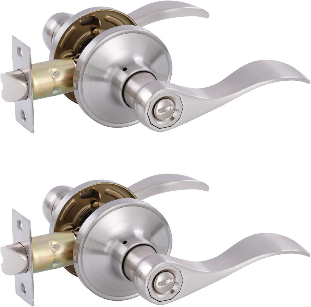 2 Pack Privacy Door Locks Bedroom/Bathroom Door Levers Handles for Left and Right Opened Door in Satin Nickel