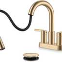 KENES Champagne Bronze Pull Down Bathroom Faucet, 4 Inch 2 Handle Centerset Bathroom Faucet 3 Hole with Pull Out Sprayer, Bathroom Vanity Faucet with Pop Up Drain & Supply Lines LJ-9069-CB