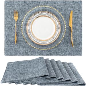 homing Faux Cotton Linen Placemats Set of 6, Cloth Washable Farmhouse Dining Table Mats for Indoors & Outdoors, Easy to Clean, Denim Blue, 13 x 19 Inch