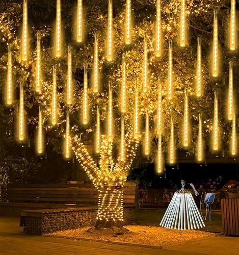 Solar Meteor Shower Lights Outdoor, Waterproof Christmas Lights Decorations Solar Powered 16 Tubes 384LED Icicle String Light, Snow Cascading Rain Drop Light for Xmas Tree Garden Decor (Warm White)