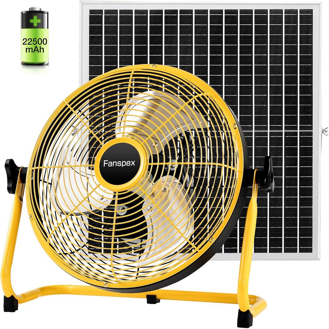 Fanspex 12" Solar Rechargeable Floor Fan for Outdoor, Large Battery Operated Fan with 35W Solar Panel Powered for Patio Gazebo Camping, 360 Tilt