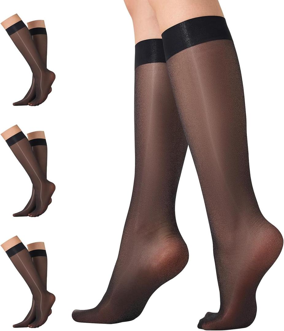 3 Pairs Shiny Knee High Stockings for Women 40 Denier Glossy Nylon Trouser Socks (Black)