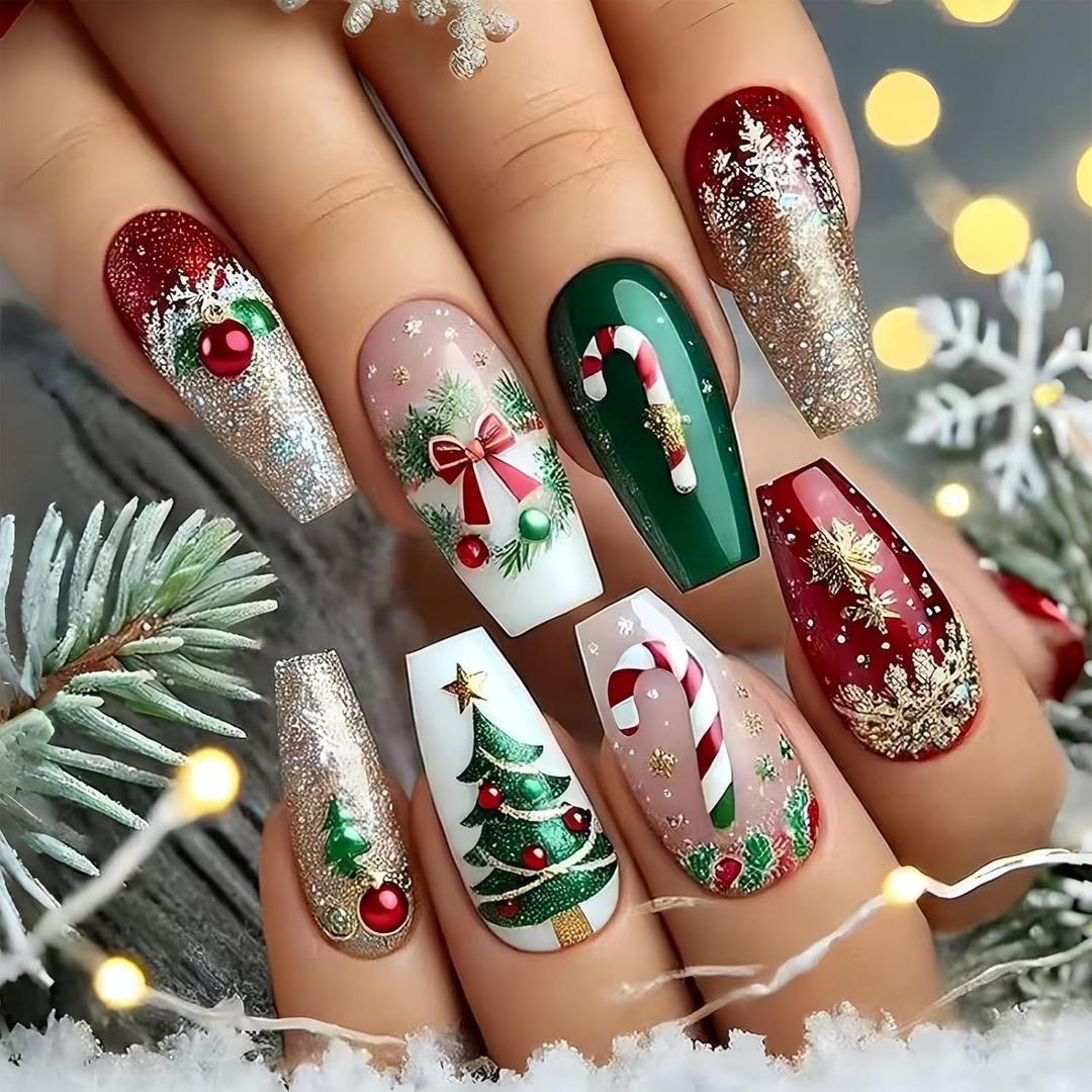 Christmas Medium Coffin Press on Nails Glitter Red Green White French Tip Fake Nails Xmas Trees Jingle Bell Snowflakes Designs Full Cover Falas Manicure for Women Winter Manicure (Style 7)