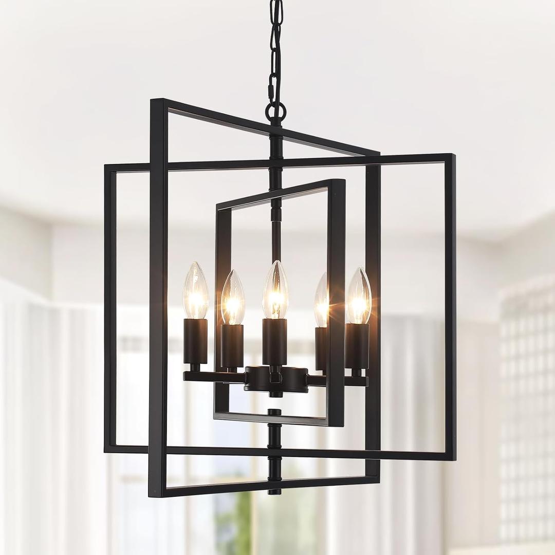 Modern Black Chandelier for Dining Room 5-Light Lantern Pendant Light Fixtures Rustic Geometric Farmhouse Chandeliers Industrial Hanging Light for Kitchen, Entryway, Foyer, Hallway, Bedroom,E12