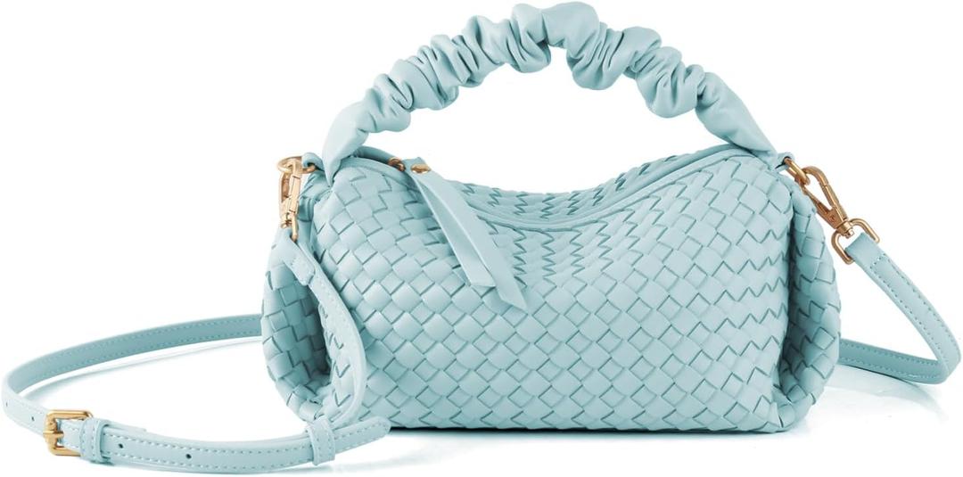 Women's Small Vegan Leather Tote Bag - Compact Woven Shoulder Purse for Daily Use, Retro Handmade Mini Bag (Z03-baby Blue)