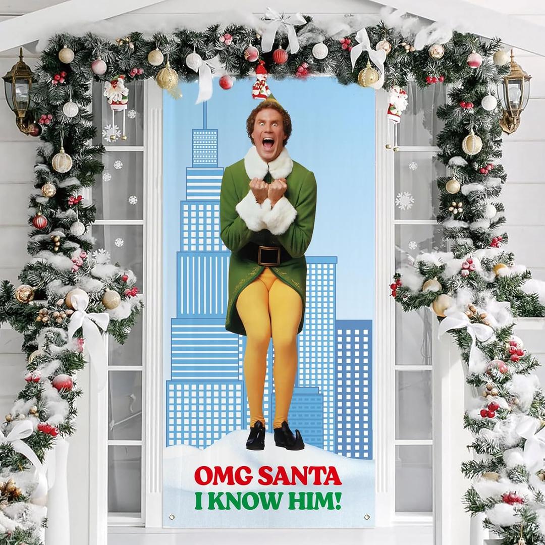 Buddy The Elf Christmas Door Cover, Omg Santa I Know Him Porch Sign for Outdoor Decorations, Funny Elf Photo Booth Background Banner, Christmas Party Decor Supplies, 70.8x35 Inch