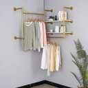 Industrial Pipe Wall-Mounted Clothing Rack with 2 Wood Shelves - Heavy Duty Double Rod Metal Garment Organizer for Bedroom/Retail Stores, Gold (30H12.5D59W inch)