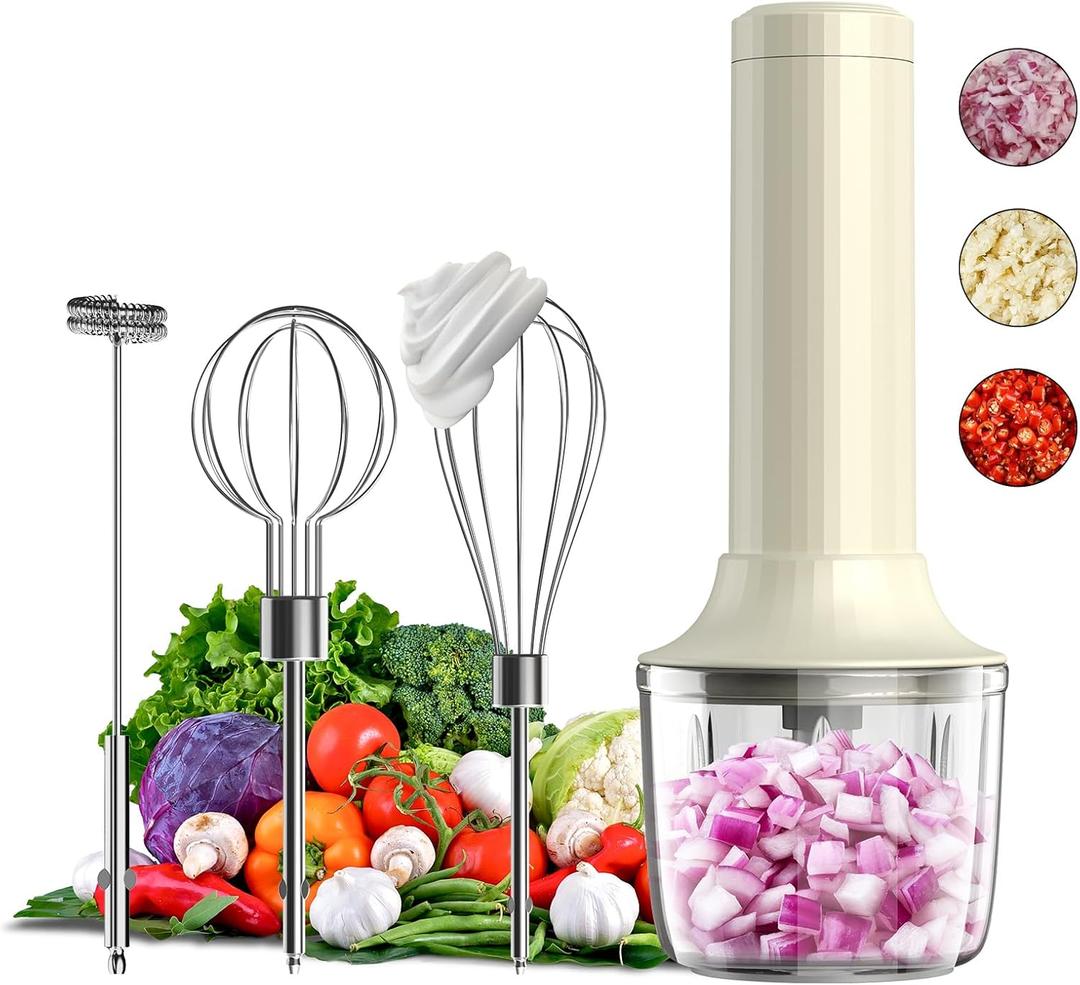 Cordless Hand Mixer MixgoII, Handheld Mixer Electric Whisk & Milk Frother, Hand Held Mini Mixers, Rechargeable Hand Mixer and Whisker, Food Processor for Cooking, Food Chopper, 4-Speed, 10Oz, Light Beige