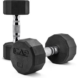 CAP 15 LB 12-Sided Rubber Coated Dumbbell Weight, Rubber Free Weights for Home Gym Strength Training, Chrome Handle, Pair