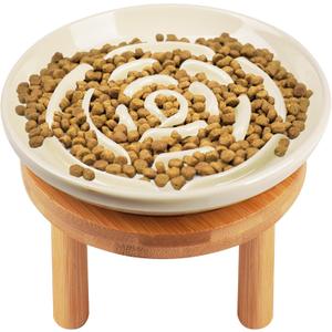 Elevated Slow Feeder Cat Bowls, Ceramic Cat Slower Feeding Bowl with Bamboo Stand, 5.9 Inch Wide Shallow Cats Bowls Whisker Friendly, Anti Vomiting Cats Slow Feeder for Dry or Wet Food Dishwasher Safe (Cream)