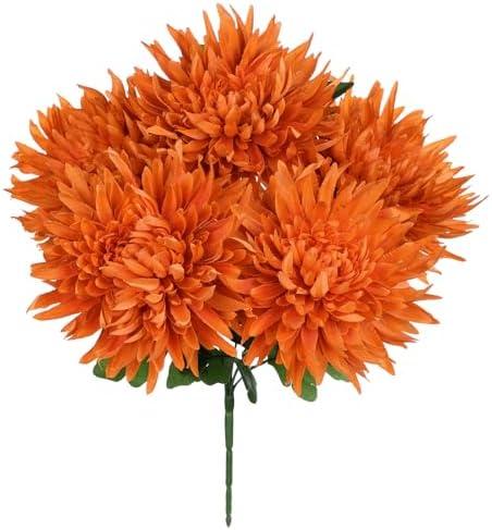 Hollyone Orange Artificial Mums for Outdoors Fall Fake Mums Bush 5 Heads Silk Chrysanthemum Flowers Bouquets Autumn Faux Spider Mum Flower Large Floral Arrangements Fall Decorations for Home