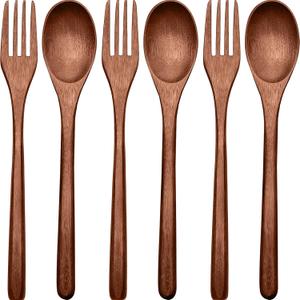 Patelai 6 Pieces Wooden Spoons Forks Set Wooden Utensils for Eating Wood Dinner Utensil Set Reusable Flatware Tableware Handmade Natural Cutlery Includes Spoon Fork for Cooking Eating Kitchen