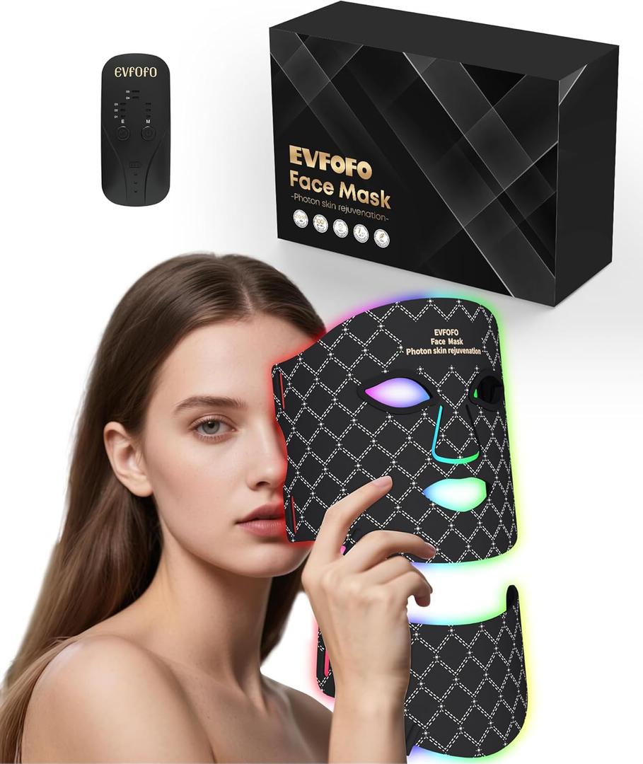 Red Light Photon Facial & Neck Mask with Remote Control, 7 Custom Modes with Infrared, Portable & Rechargeable with Timer for Home Use, 850nm Infrared & Red Light Masks, Black