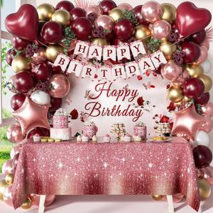 Burgundy Birthday Decorations, Burgundy Rose Gold White Balloons Happy Birthday Banner Tablecloth Backdrop for Happy Birthday Decorations for Women Adults