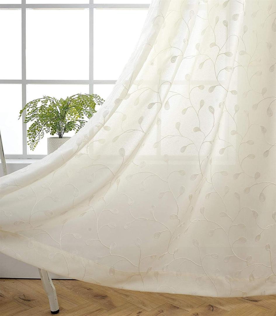 MIUCO Floral Embroidered Semi Sheer Curtains Polyester Grommet Curtains for Girls Room 52 x 84 Inch Set of 2, Off White