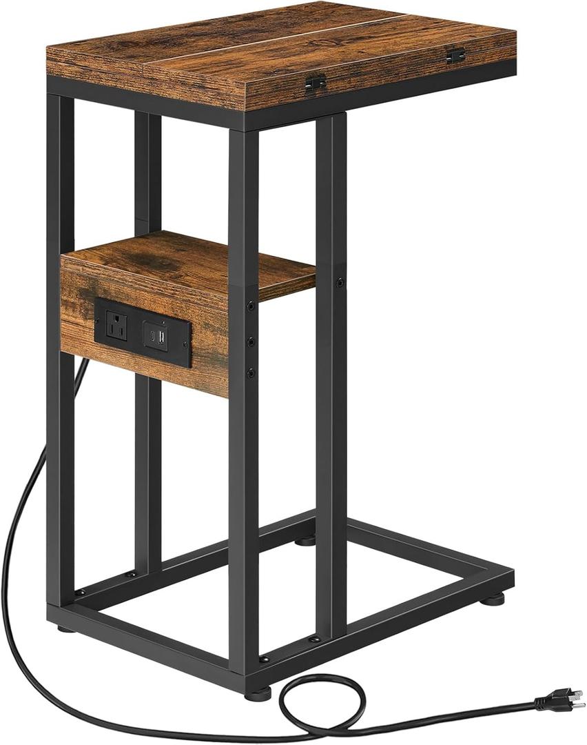HOOBRO Foldable End Table, C Shaped Side Table with Charging Station, Sofa Couch Table that Slide Under for Living Room Bedroom Small Spaces, Easy Assembly, Rustic Brown and Black BF29USF01