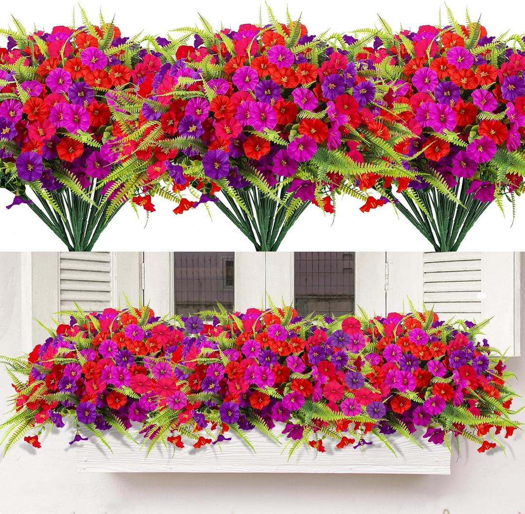 Artificial Flowers Outdoors 12 Bundles Artificial Petunias Fake Flowers UV Resistant Shrubs Plants with Fern for Indoor Outside Hanging Planters Home Garden Summer Decorations (Mixed)