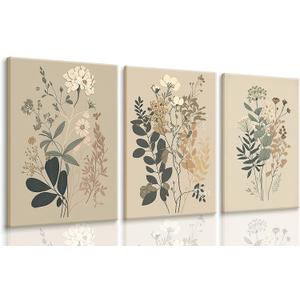 3 Pcs Vintage Botanical Wall Art Nature Floral Plants Wall Decor Daisies Dandelion Wildflower Posters Pictures Watercolor Rustic Farmhouse Canvas Prints Boho Neutral Paintings For Living Room Framed