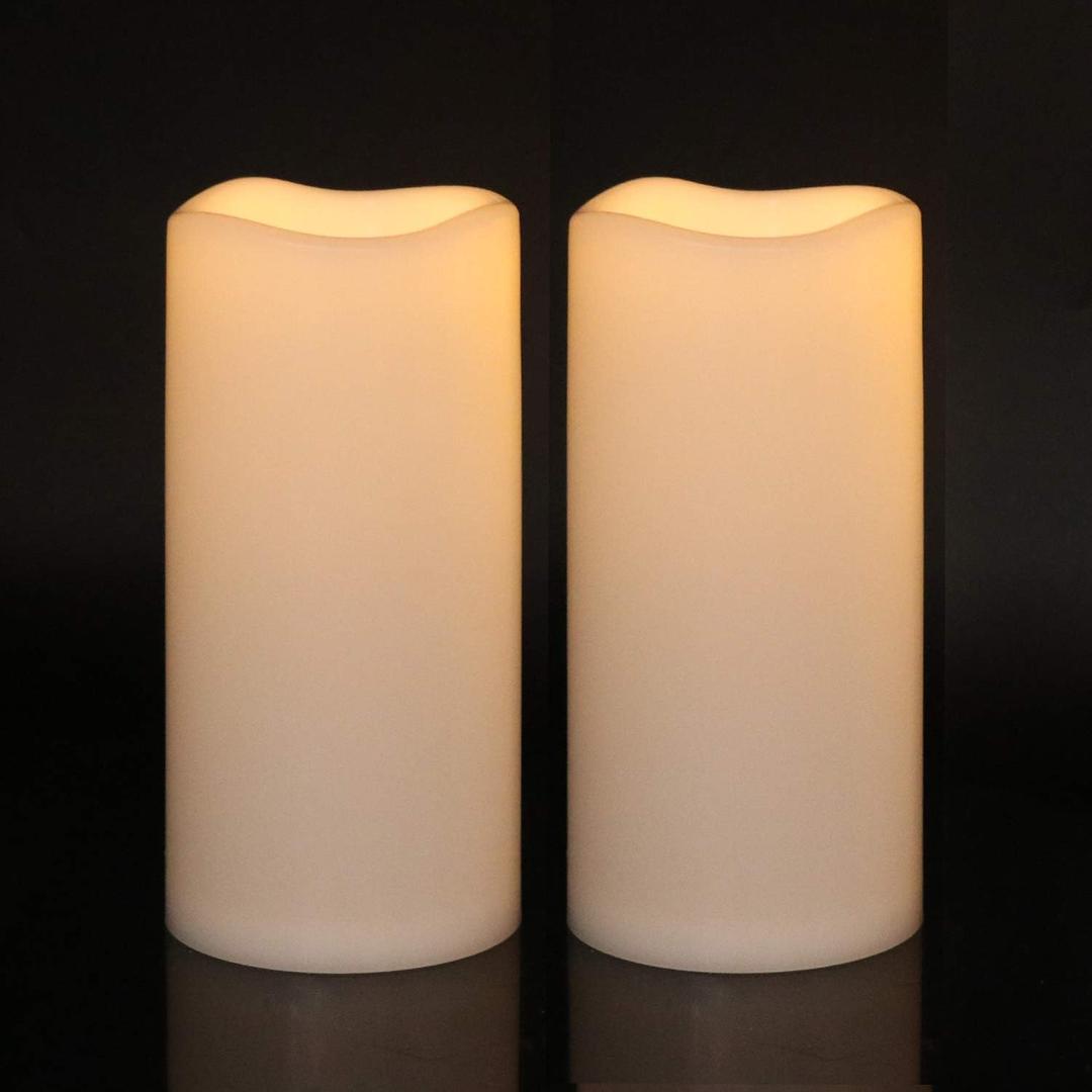 DRomance Outdoor Flameless Flickering Candles with 6 Hour Timer, 3 AAA Batteries Operated Waterproof LED White Plastic Pillar Candles Set of 2 Home Garden Decoration(3 x 6 Inches)