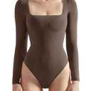 SUUKSESS Women Long Sleeve Bodysuit Sexy Square Neck Thong Body Suit Shirts Top (Brown, L)
