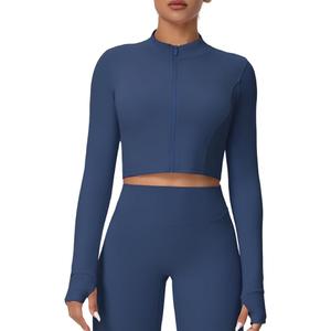 Yknktstc Womens Full Zip Athletic Jacket with Thumbhole Long Sleeve Crop Top Running Workout Yoga Sportswear Shirt L