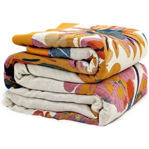 Boho Throw Blanket - 100% Cotton Soft Spring Throw Blanket for Bed, 50"x60" Reversible Breathable Lightweight Blankets, All Seasons Farmhouse Decor Floral Plant Butterfly Throw Quilt