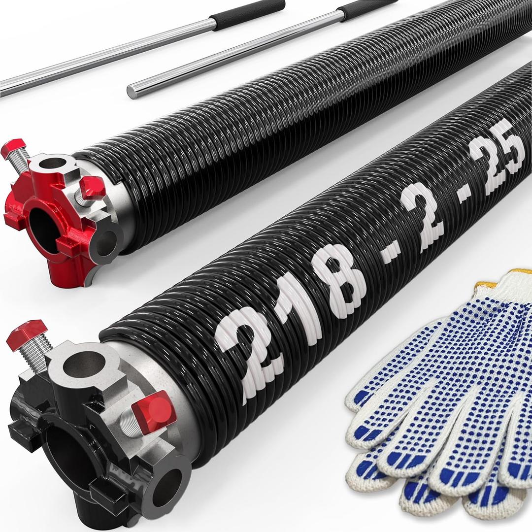 Garage Door Torsion Springs Replacement with Non-Slip Winding Bars, Oil-Free Electrophoretic Coated Coil 2-Inch Diameter Spring Set, 1 Pair, 218 x 2'' x 25'', 0.218X2"X25"
