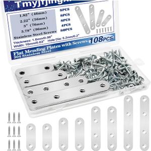 108PCS 4Sizes Flat Metal Brace Brackets Mending Plates for Wood Stainless Steel Bracket Plate with Holes (46mm/56mm/76mm/96mm) YY001 (Silver)