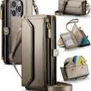 Wallet Case Compatible with iPhone 16 Pro 6.3" RFID Blocking 10-Card Holder PU Leather Magnetic Snap Shoulder Strap Zipper Pocket Phone Case Fit for iPhone 16 Pro for Women - Desert Titanium