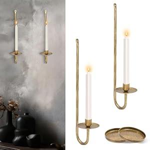 Wall Candle Sconces Set of 2 Metal Wall Candle Holders Hand-Forged Vintage Gold Solid Steel, Rustic Home Decor for Living Room, Bedroom, Dining Room, Candle Accent