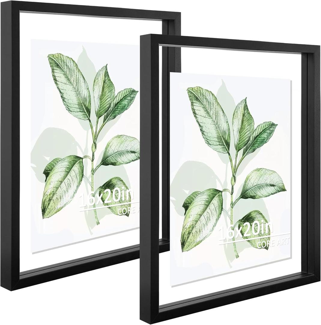 CORE ART 16x20 Floating Picture Frame Set of 2,Double Plexglass Floating Frame for 11x14,12x16 Pictures,Wall or Tabletop Display,Black