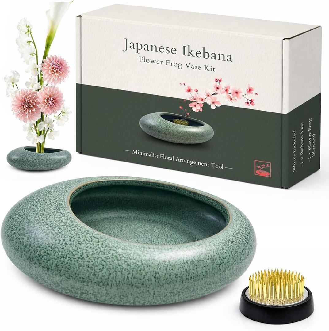 Japanese Flower Frog Vase Set  Japanese Artisan Celadon Glaze Flower Vase with Flower Frog, Modern Flower Arrangement Pot for Living Room Decor & Art Supplies, Gift Box for Flower Lover (Green)