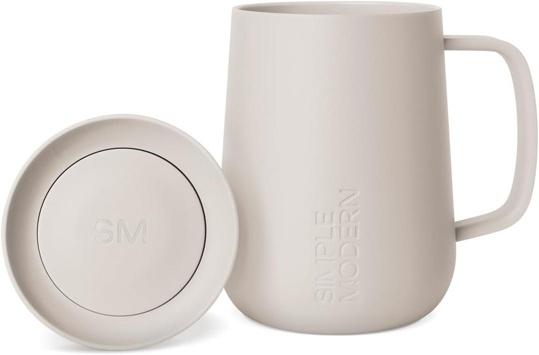 Simple Modern Voyager Signature Mug | Travel Coffee Tumbler with 360 Lid and Handle | Ceramic-Lined Insulated Stainless Steel Iced Cold Brew Cup | 12oz, Almond Birch